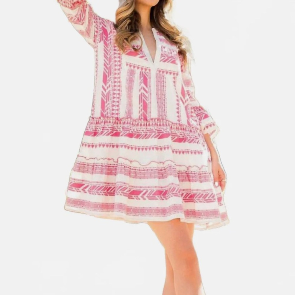 Tiered Embroidered Pink and White THML dress Medium